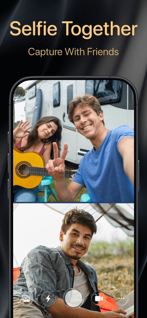 2Camera DualShot Recorder Cam - Ideal para grupos, la imagen muestra una toma de amigos sonriendo en la parte superior y otra persona relajándose en la inferior en el modo de pantalla dividida, capturando interacciones diversas.