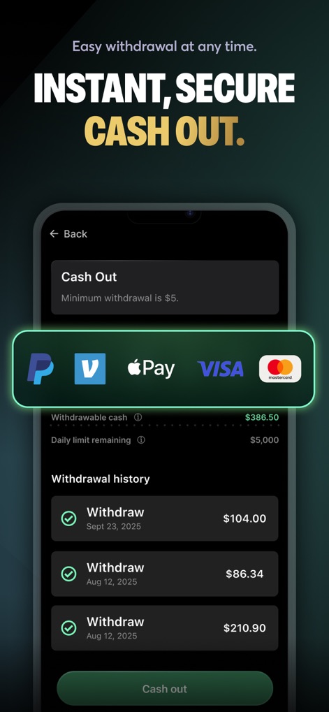 Rips by Triumph - La aplicación garantiza una liquidez rápida con su función de 'retiro de efectivo', que admite métodos populares como 'PayPal y Venmo', y muestra el 'historial de transacciones' para total transparencia.