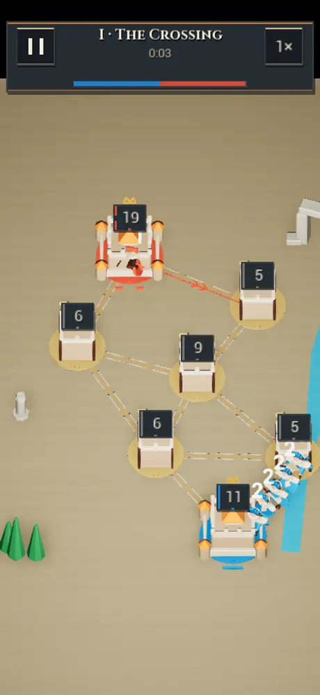 BURGUS battle The Crossing, with blue and red forts connected by roads and visible troop counts