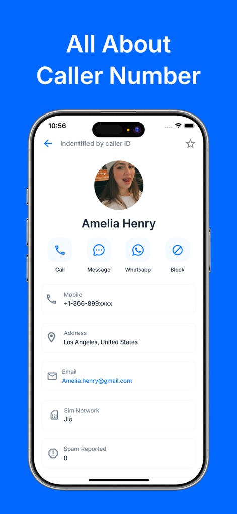 Caller ID - Spam Call Blocker - This screen provides a comprehensive caller profile, displaying detailed contact options for "Call" and "Whatsapp" alongside the individual's registered address.