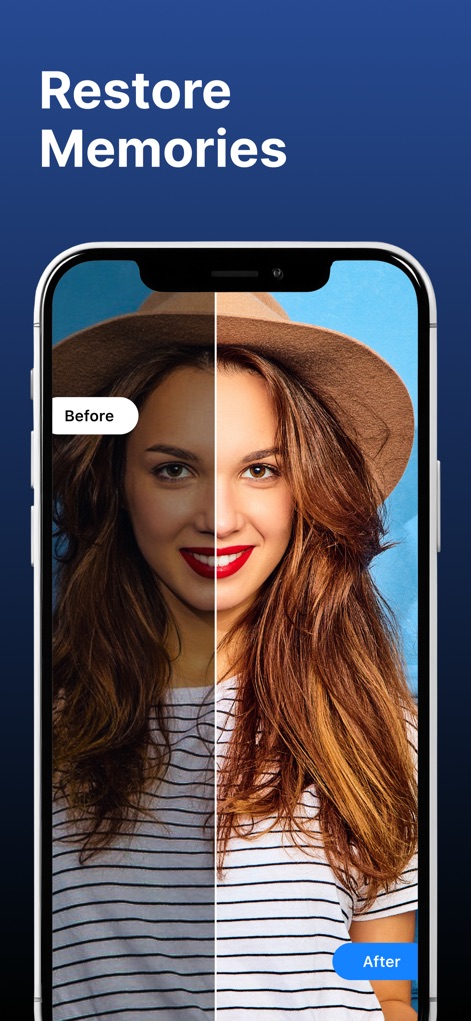 Photo Recovery : Deleted Photo - This view highlights the app's capability with a clear "Before" and "After" visual comparison, effectively demonstrating the restoration of image quality.