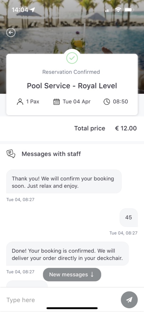 Barceló Hotel Group - Nach einer Buchung sehen Nutzer eine detaillierte Bestätigung, inklusive Preis und Serviceart, und können über den integrierten Chat direkt mit dem Personal kommunizieren.