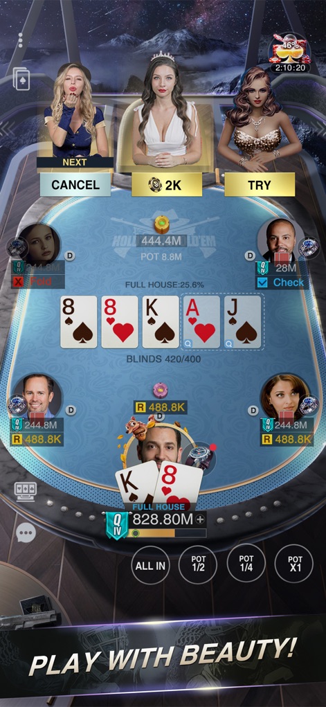 Holdem or Foldem: Texas Poker - L'app offre un'esperienza visivamente accattivante con avatar di giocatori raffinati, come la donna che lancia un bacio, e controlli intuitivi per le scommesse, inclusi i pulsanti "ALL IN" e "POT 1/2".