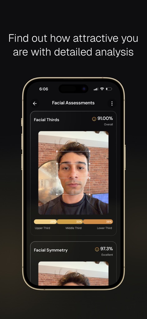 Areum - The app delivers a comprehensive analysis of facial proportions, showcasing detailed Facial Thirds distribution and a precise Facial Symmetry percentage.