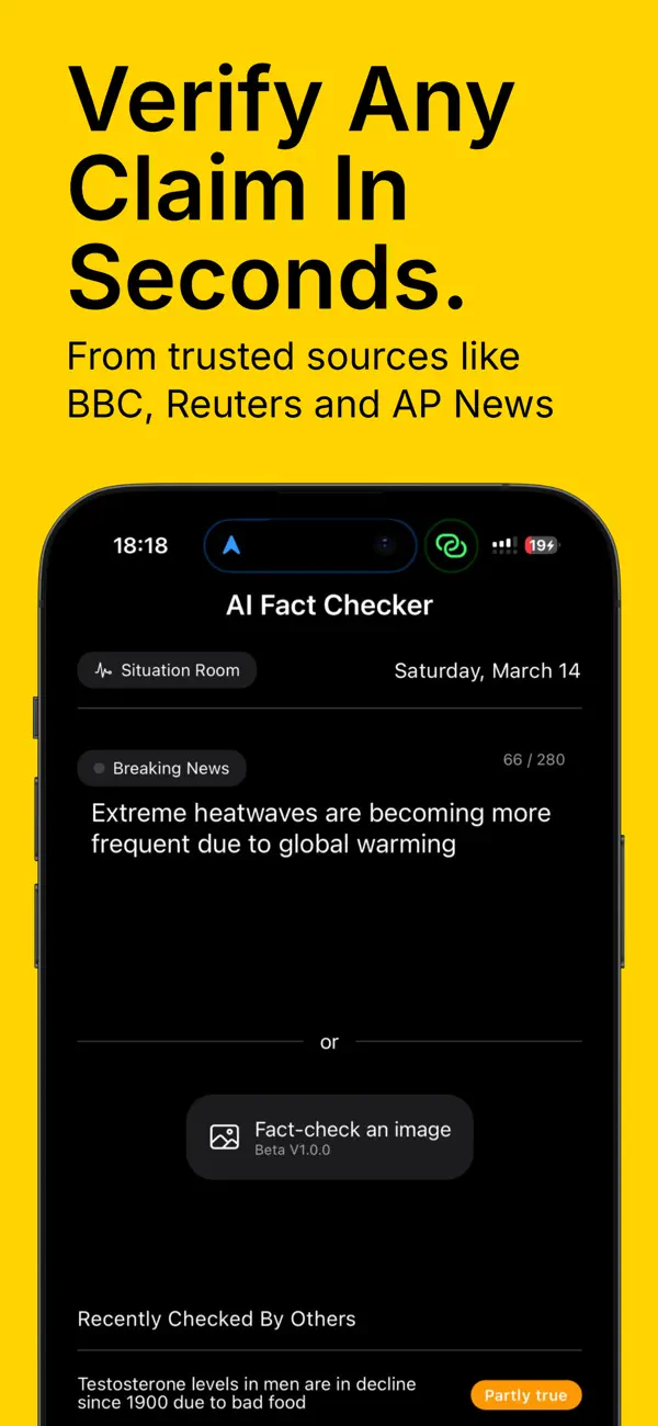 AI Fact Checker App iOS app screenshot showing feature 1