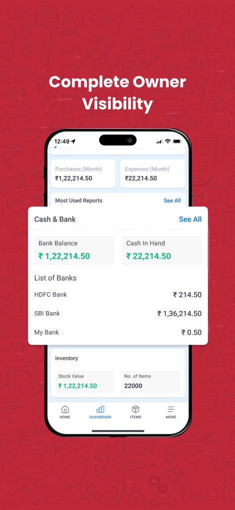 Vyapar - Billing & Accounting - ユーザーは、月間の購入額と経費の概要を瞬時に把握し、現金および銀行口座の残高を一目で確認することで、事業の全体像を明確に把握できます。