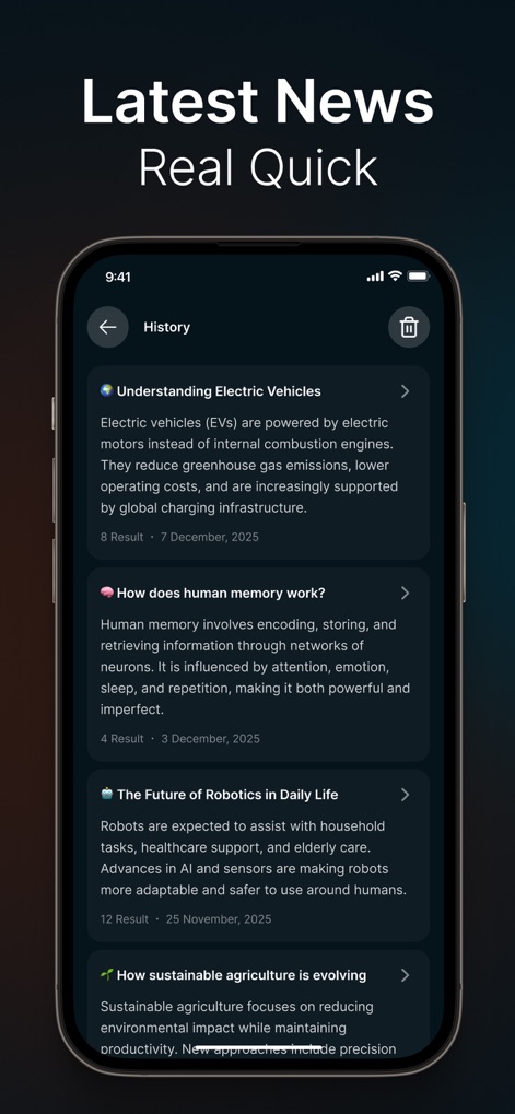 DeepScan: AI Search Assistant - Users can effortlessly review past research queries through a detailed 'History' log, which includes titles like 'Understanding Electric Vehicles' and the number of results found.