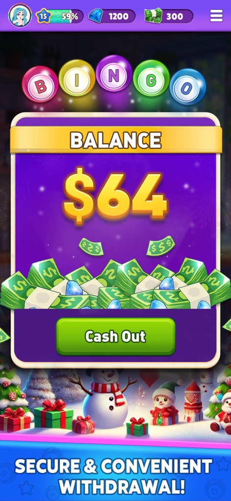 Bingo Legend : Win Real Cash - This visual highlights the significant balance display and the prominent 'Cash Out' button, assuring users of convenient and secure withdrawal options for their winnings.