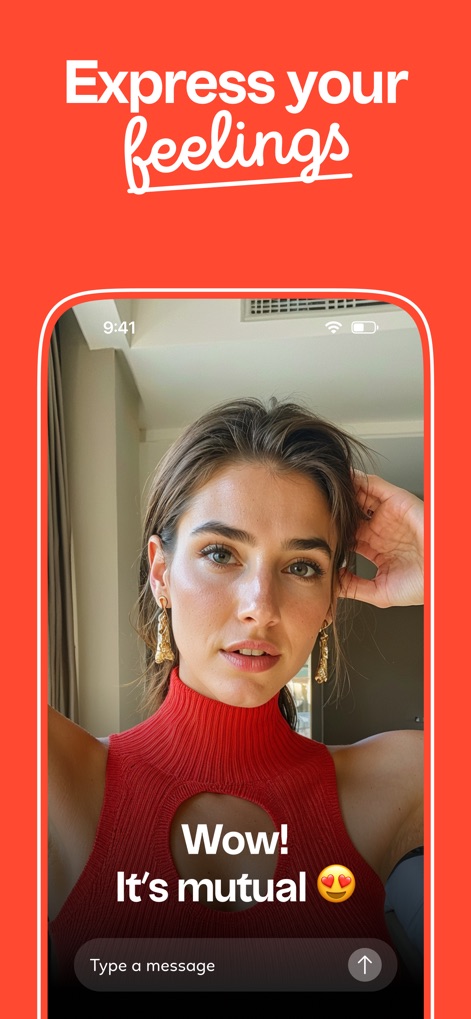 Kismia - Dating App & Chat - This screen demonstrates immediate positive feedback, confirming 'Wow! It's mutual' between users, enhanced by a clear heart-eyes emoji for emotional expression.