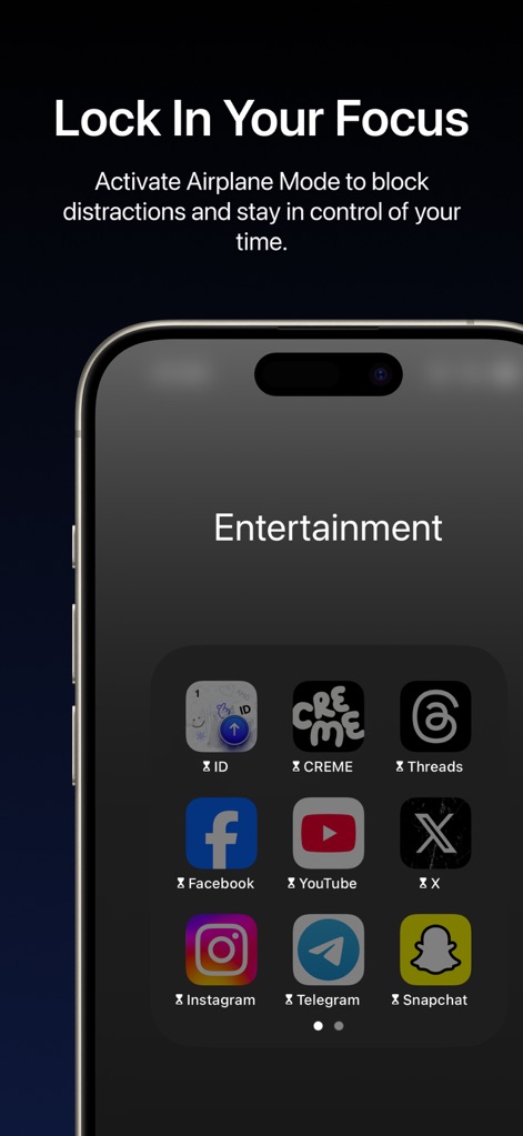 FocusFlight - Deepfocus Timer - '에어플레인 모드'를 활성화하여 방해 앱들을 차단함으로써, '엔터테인먼트 앱'으로 인한 집중력 분산을 효과적으로 방지합니다.