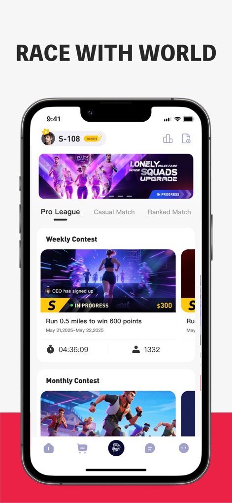 PitPat - Explore the app's robust competitive ecosystem, showcasing options like "Pro League" and "Ranked Match" alongside details for engaging "Weekly Contest" events.
