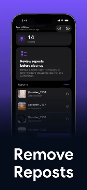 RepostWipe: Repost Remover iPhone screenshot 1