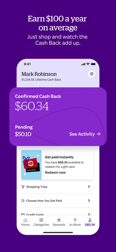 Rakuten: Cash Back & Deals - O aplicativo apresenta o saldo total de Cash Back do usuário, com "Confirmado $60.34" e "Pendente $50.10" visíveis, permitindo que os usuários monitorem seus ganhos acumulados e o status dos pagamentos.