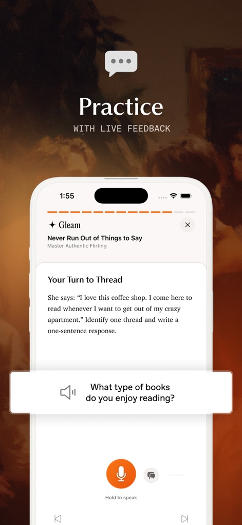 Gleam: Social Intelligence - The app facilitates interactive practice sessions, presenting users with prompts like 'Your Turn to Thread' and a clear microphone input for live feedback.