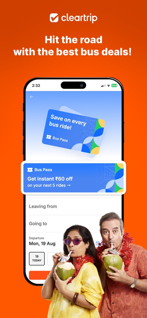 Cleartrip Flights, Hotels, Bus - 사용자는 버스 탑승 시 절약할 수 있는 다양한 혜택과 다음 5회 탑승에 대해 즉시 60루피 할인을 제공하는 버스 패스를 활용하여 비용 효율적인 육상 여행을 계획할 수 있습니다.