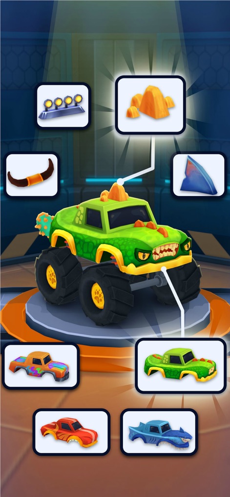 Monster Truck Games for Kids . - Explore the Monster Truck Creator, allowing users to personalize their vehicles with distinct body styles and thematic accessories like horns and fins.