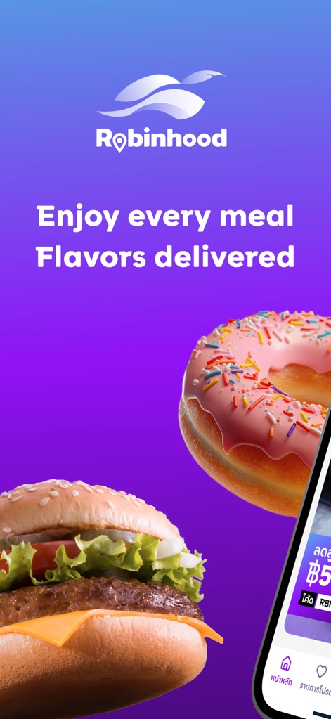 Robinhood: Food Delivery app - This initial screen showcases the distinctive Robinhood logo and vibrant food imagery, instantly conveying the app's focus on diverse culinary experiences.