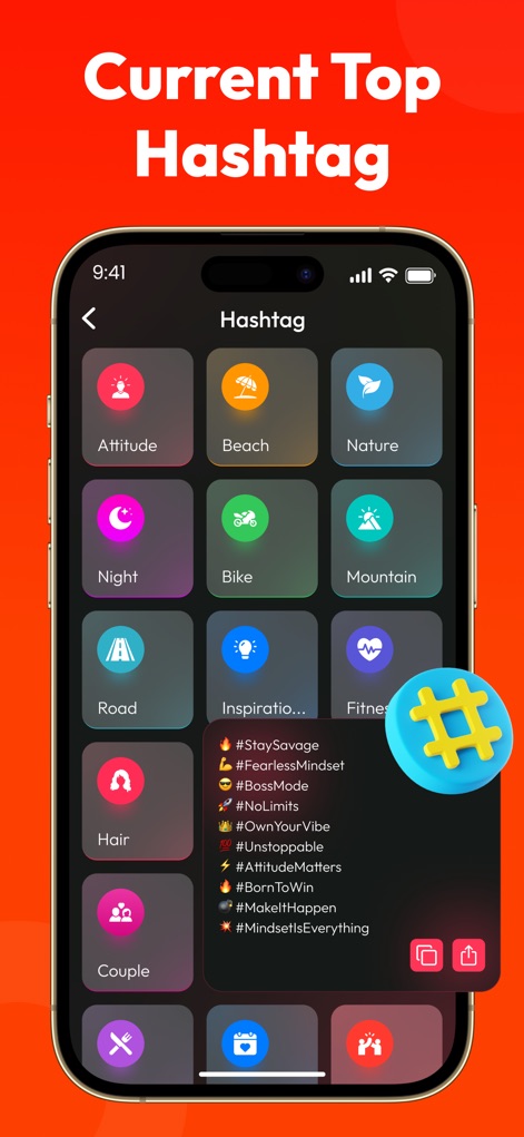All Video Downloader ~ Player - Esta seção dedicada exibe categorias de hashtags para diversas finalidades, com um painel flutuante que revela uma lista curada de hashtags populares e relevantes para impulsionar o alcance do conteúdo.
