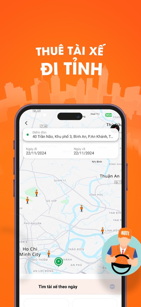 BUTL - Bạn Uống Tôi Lái - For longer trips, users can easily specify departure and return dates within the streamlined booking interface, facilitating the hiring of a driver for provincial travel.