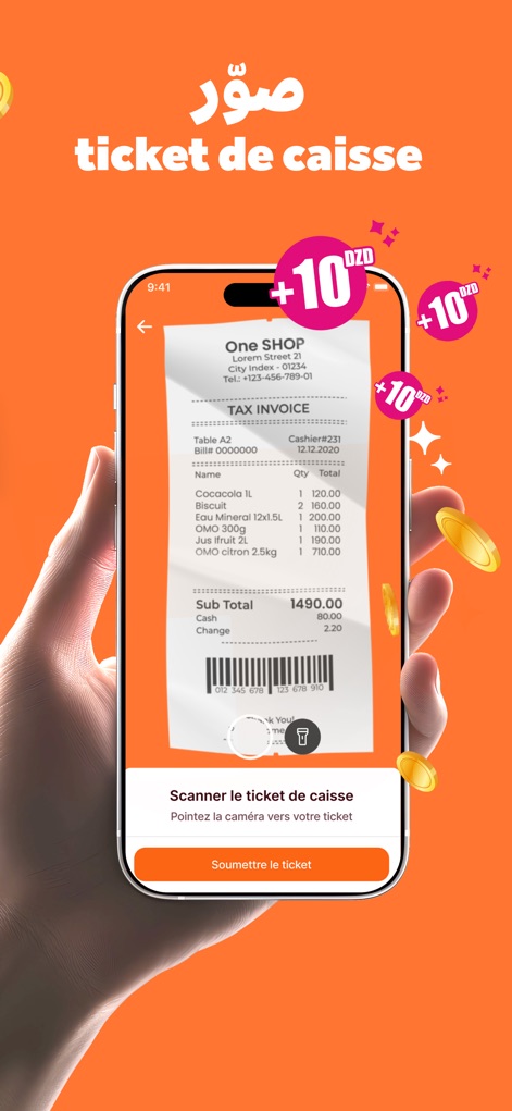 temtem - Questo strumento semplifica il processo di guadagno premi, come dimostrato dalla chiara interfaccia per "Scanner le ticket de caisse" e dall'illustrazione del documento "TAX INVOICE" in fase di acquisizione.