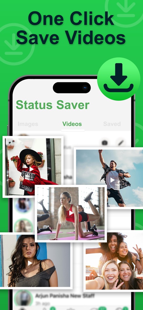 Status Saver: Download Status - Observe the intuitive 'Videos' tab within the Status Saver, providing a quick view of all saved video content with clear play icons, ensuring easy offline playback.