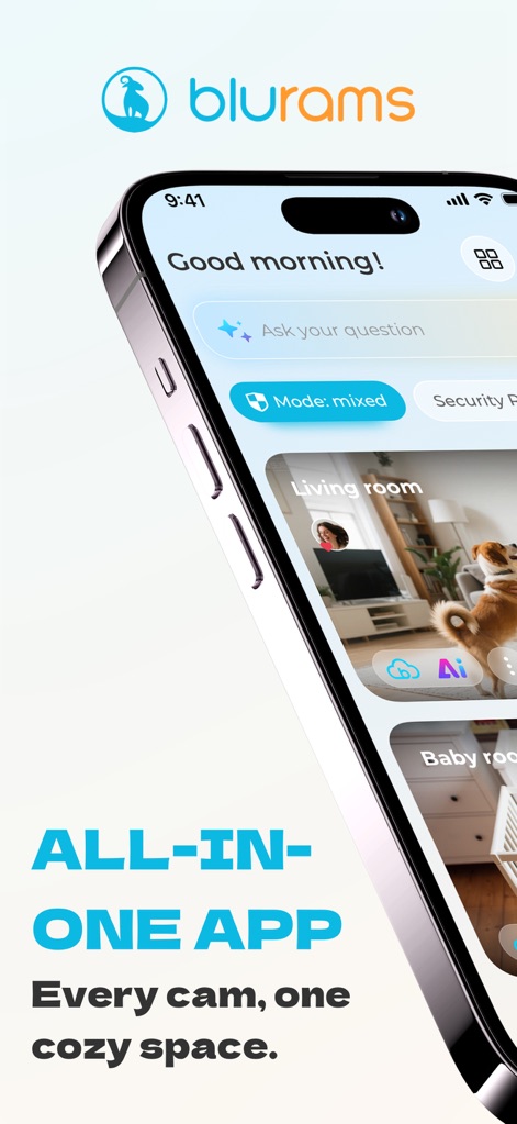 blurams - This screenshot highlights the app's unified interface, where users can see multiple camera feeds from different rooms and interact with the AI assistant through a dedicated input field.