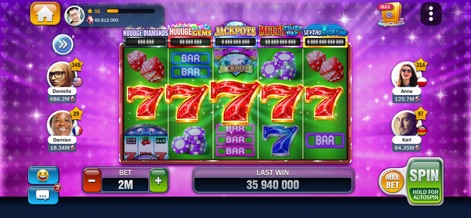 Billionaire Casino Slots 777 - This slot features classic 777 reels with sparkling visual effects and prominent overhead indicators for 'HUUUGE DIAMONDS' and various 'JACKPOTS'.