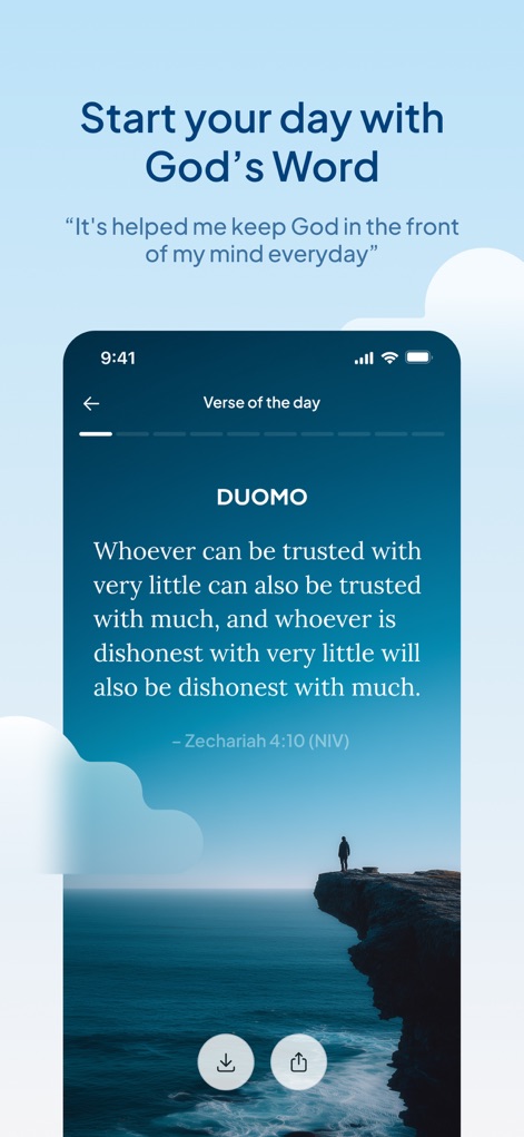 Duomo: Bible & Daily Devotions - Begin each day inspired with a prominently displayed 'Verse of the day' and convenient options for sharing or downloading content.