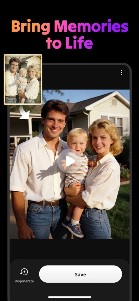 AI Video Generator : SelfyzAI - This tool vividly brings cherished photos to life, transforming static family images into dynamic videos with a simple tap and offering options to regenerate or save.