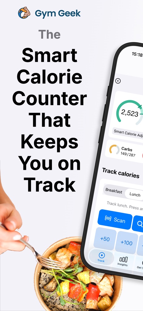 Gym Geek Calorie Counter - See how the app presents the daily calorie goal and macro overview, alongside convenient food tracking options like 'Scan' and 'Quick Track'.