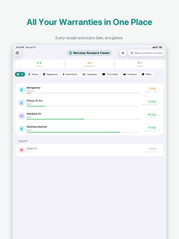 Warranty: Receipt & Tracker iPad screenshot