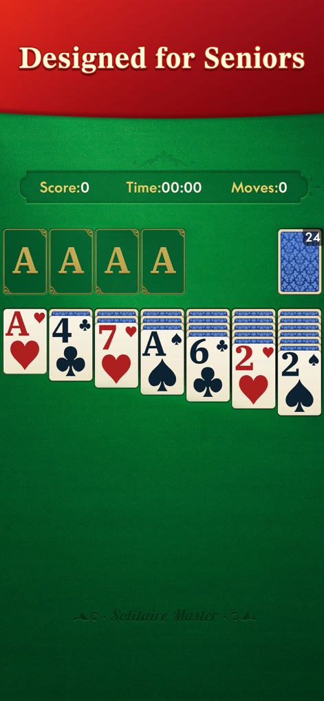Solitaire Master - Classic - La aplicación prioriza la comodidad visual, ofreciendo una clara visibilidad con cartas de gran tamaño y una fuente legible para una experiencia de juego accesible y placentera.