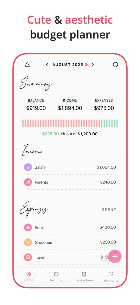 Budget Planner App - Fleur - The app presents a clear financial overview with a summary of income and expenses, alongside a visual progress bar indicating the remaining monthly budget.