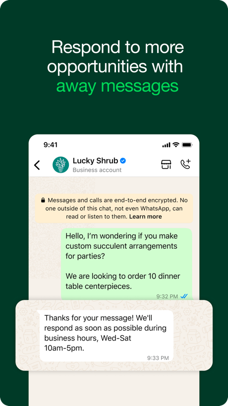 WhatsApp Business App Store screenshot 4, headline “Respond to more opportunities with away messages”. Leads with an outcome.