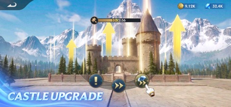 Puzzles & Conquest - Experience the app's strategic base-building, highlighting the majestic castle and user-friendly interactive buttons for upgrading and progression.