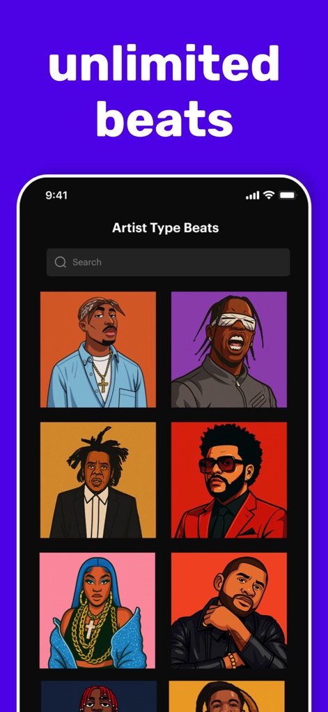 Rapchat: Music Maker Studio - Users can explore an extensive collection of artist-type beats, easily navigable with a search function and visually rich cover art for inspiration.