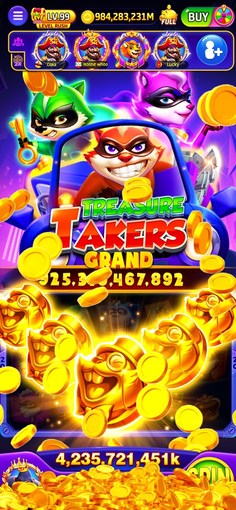 Jackpot Dreams - Slots Casino - Observe the mischievous cartoon animal characters driving a car filled with gold and the gleaming golden character symbols, promising a thrilling heist for riches.