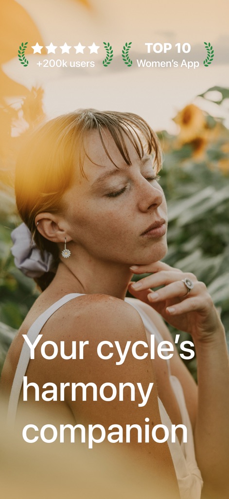 Harmony: Cycle Syncing, Period - The app showcases its strong user base with a '+200k users' badge and highlights its standing as a 'TOP 10 Women's App', demonstrating widespread trust and popularity.