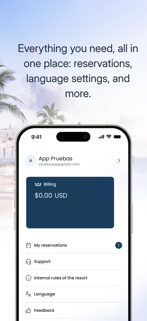 Palace Resorts - The app allows guests to review their "Billing" information and manage account preferences like "Language" settings.