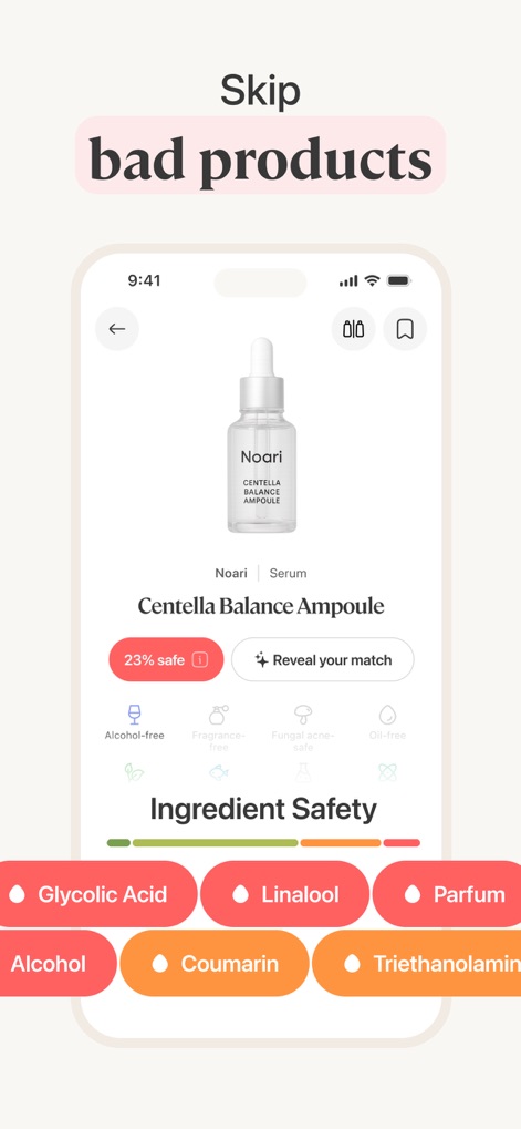 Lumi: The Skincare Scanner - Dieses Tool zeigt detailliert die Sicherheitsbewertung eines Produkts, wie die niedrige Bewertung von 23% für bestimmte Inhaltsstoffe wie Glykolsäure und Parfum, damit Nutzer fundierte Entscheidungen treffen können.