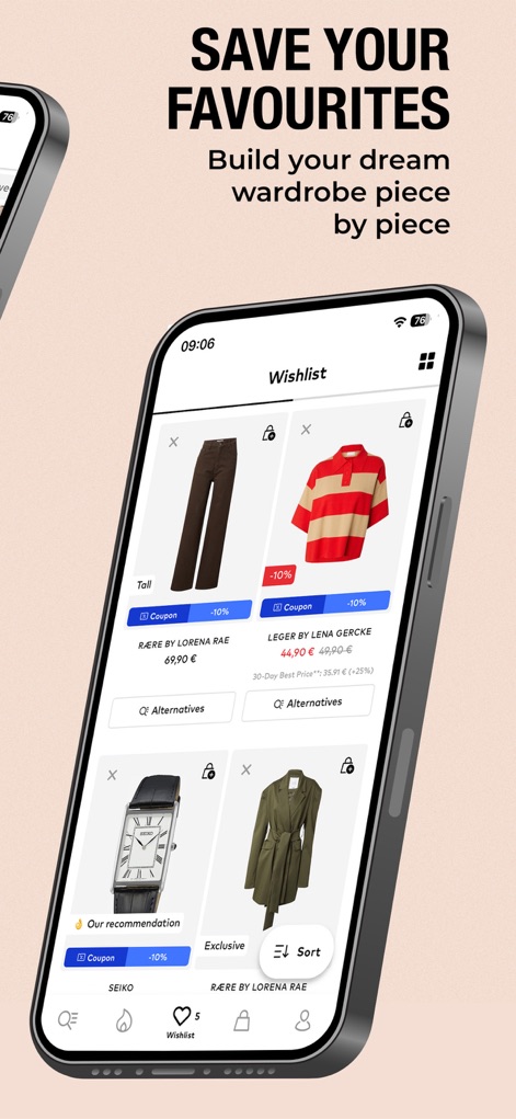 ABOUT YOU Online Fashion Shop - Die App ermöglicht das Verwalten einer persönlichen Wunschliste, auf der Nutzer ihre Favoriten speichern und aktuelle Rabatte sowie mögliche Coupons für die Artikel einsehen können.