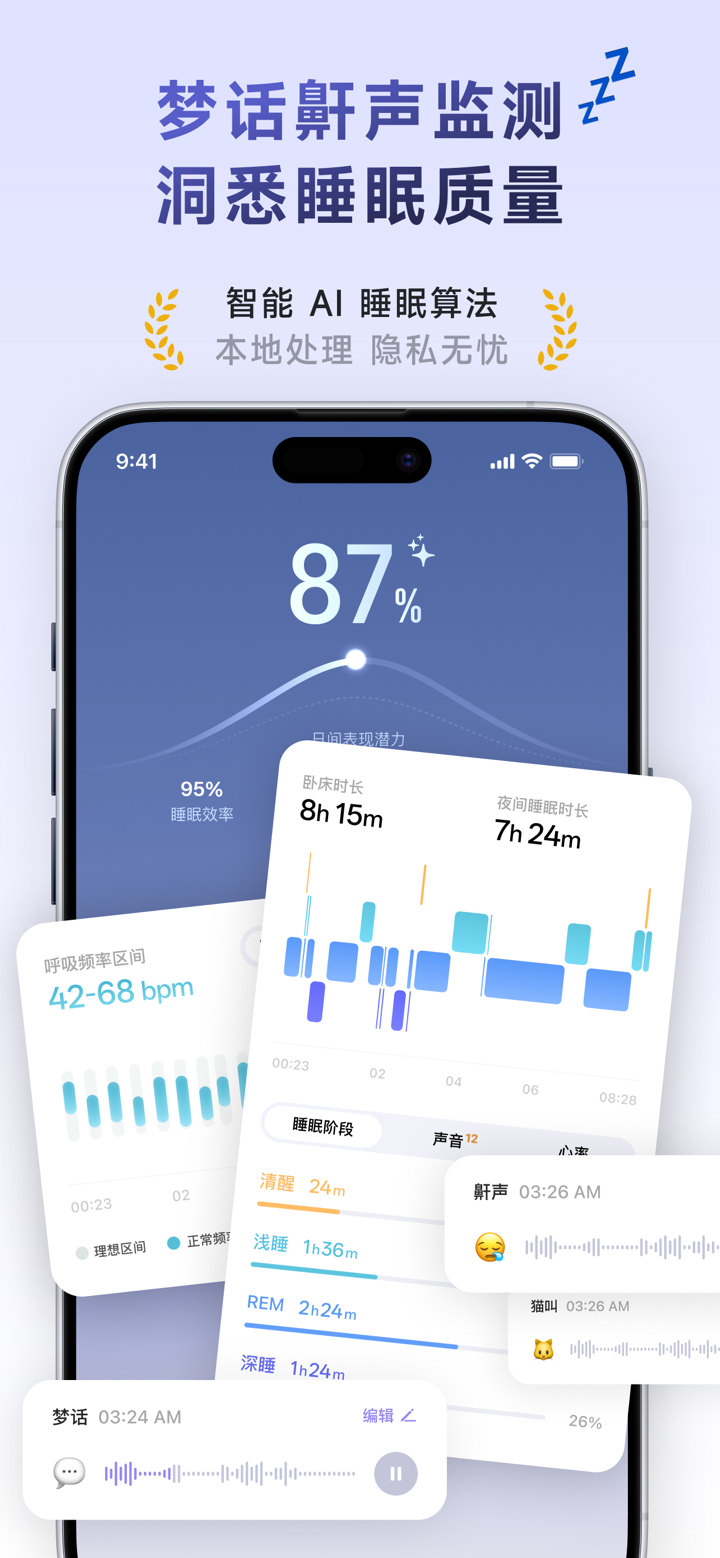 潮汐 - 助眠、睡眠监测、梦话打鼾、冥想、白噪音与HRV压力 screenshot 2