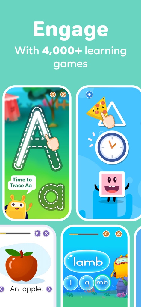 SplashLearn: Kids Learning App - Los usuarios pueden interactuar con más de 4,000 juegos educativos, incluyendo el trazo de letras con la 'A' mayúscula y minúscula, y actividades de identificación de palabras como 'lamb' para un aprendizaje dinámico.