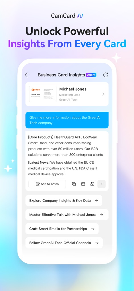 CamCard AI Business Assistant - Esta visualização revela os 'Business Card Insights' detalhados, transformando cada cartão em uma oportunidade com informações sobre a empresa e sugerindo 'Conversation starters' para construir rapport.