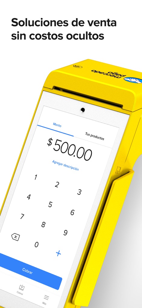 Mercado Pago: cuenta digital - Una terminal Point muestra una interfaz de cobro con un monto de $500.00 y la opción de añadir descripción, ideal para la gestión de ventas de negocios.