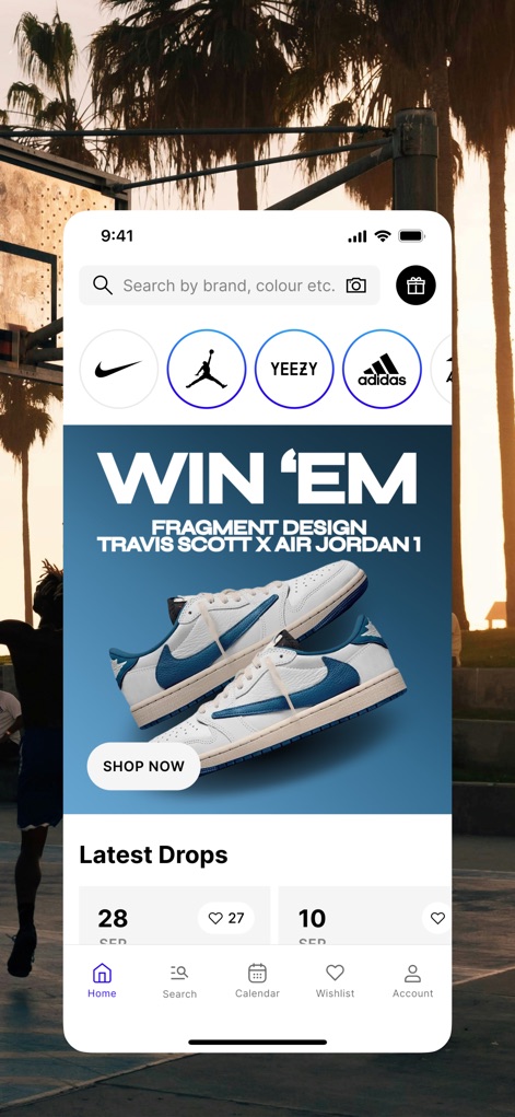 KICKS CREW: Shoes & Apparel - Users are immediately greeted with a streamlined homepage featuring iconic brand filters and a dedicated 'Latest Drops' section, highlighting current and exclusive releases.