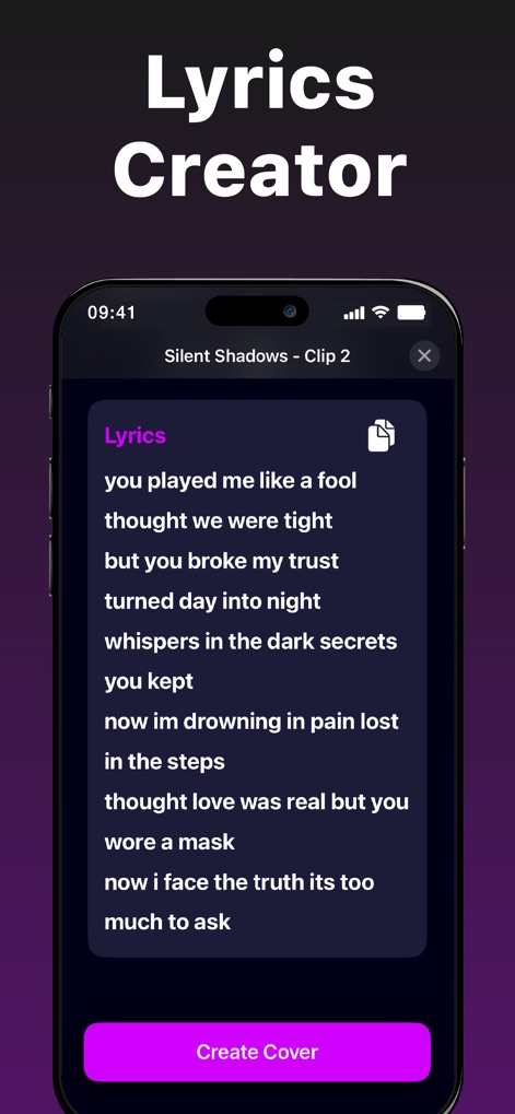 Banger for Artists: AI Music - The app offers a dedicated lyrics display for compositions and provides the option to seamlessly create a cover directly from the generated lyrics.