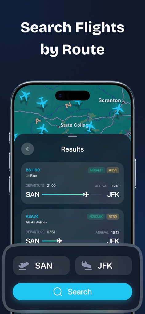 Sky Radar: Live Flights - This tool facilitates efficient flight discovery by allowing searches based on departure and arrival airports, presenting clear results.
