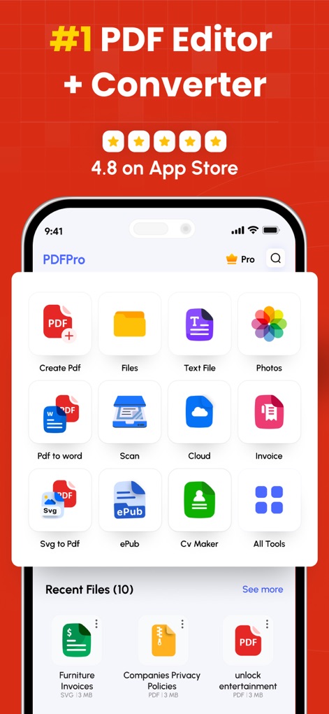 PDF Converter - PDF Editor・ - Explore the app's comprehensive dashboard, showcasing features like 'Create Pdf' and 'Pdf to word' conversion icons for quick access.