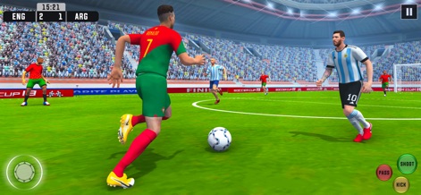 Dream Soccer League 2026 - 世界的なスーパースター選手たちがボールを競い合う場面が鮮明に描かれており、精巧な選手グラフィックと、彼らの巧みなボールコントロールが特徴です。